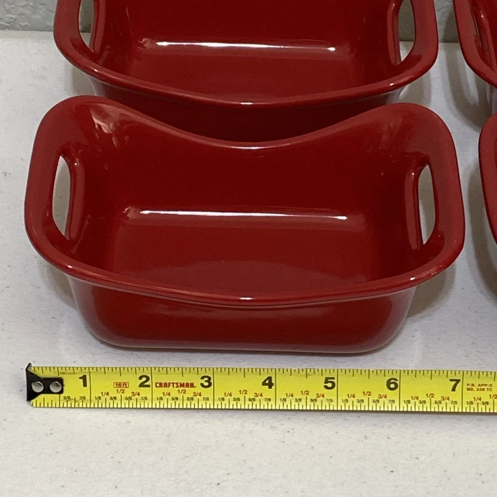 Red Rachael Ray Stoneware 12oz Ramekin Casserole Baking Dish Mini Loaf Pan Set 4